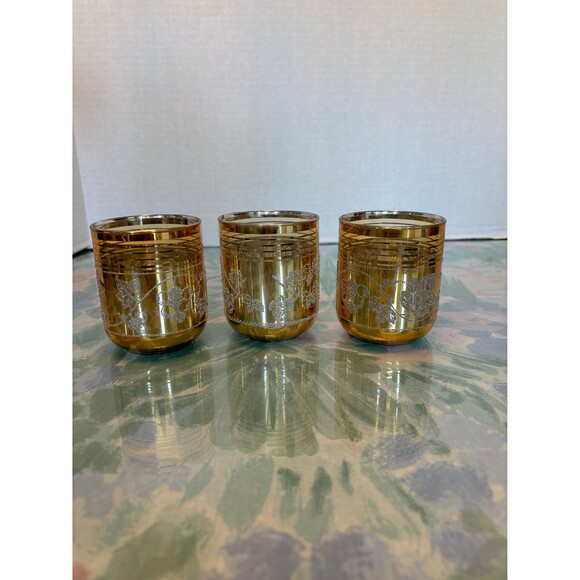 Mid Century Gold Stripes with 2 Etched Leaves and Grapes and 1 Floral - Picture 2 of 7